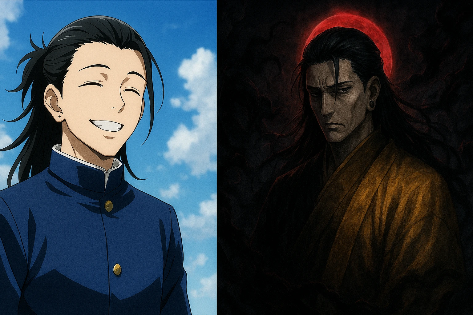 Suguru Geto Featured Image showing his dual nature as a student and villain.