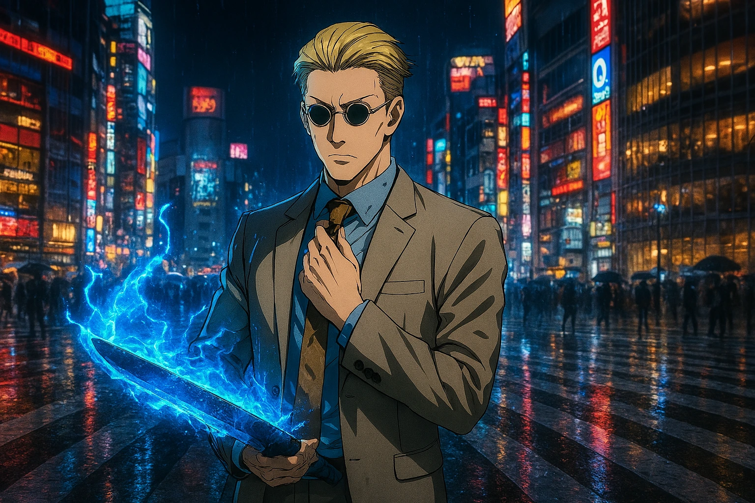 Kento Nanami split screen showing his corporate life vs his life as a Jujutsu Sorcerer.