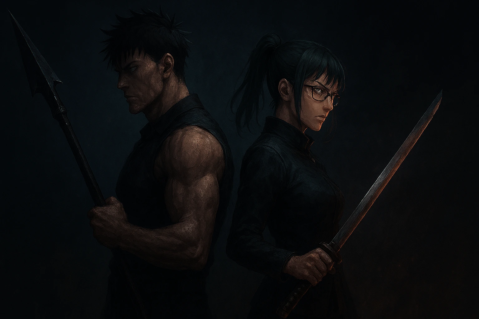 Heavenly Restriction users Toji Fushiguro and Maki Zenin showcasing immense physical power.