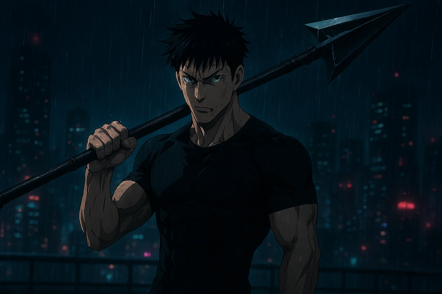 Toji Fushiguro holding the Inverted Spear of Heaven with a menacing expression.