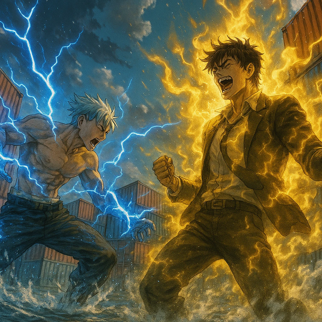 Kinji Hakari fighting Hajime Kashimo in the shipping container yard.