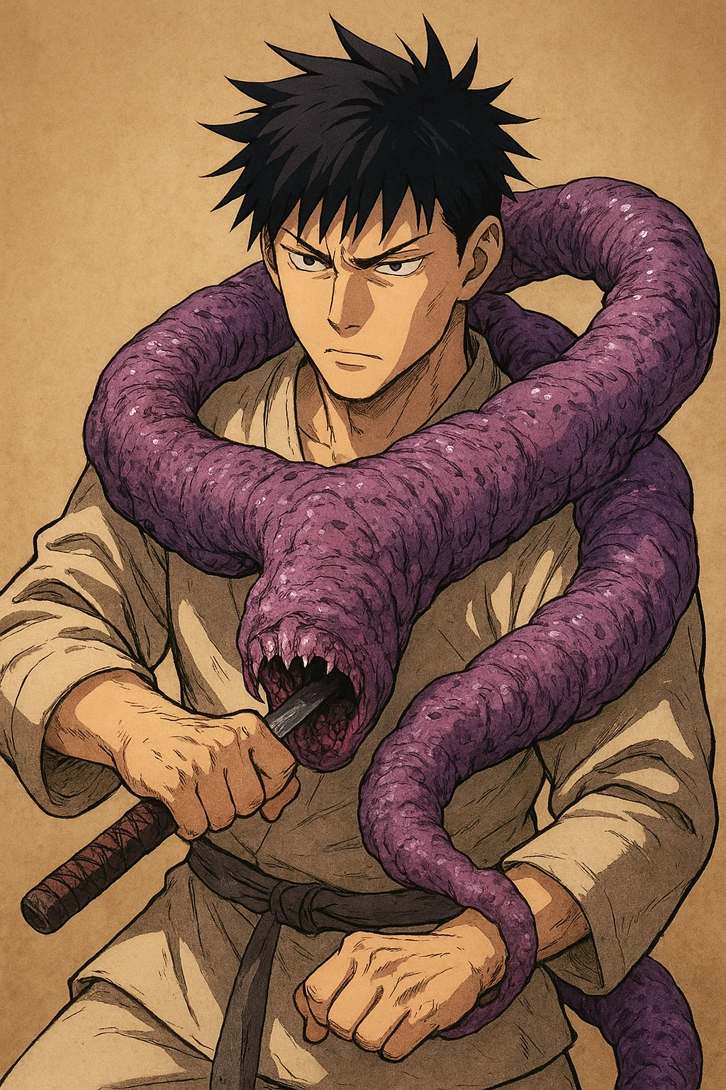 Toji Fushiguro with the inventory curse worm wrapped around his body.