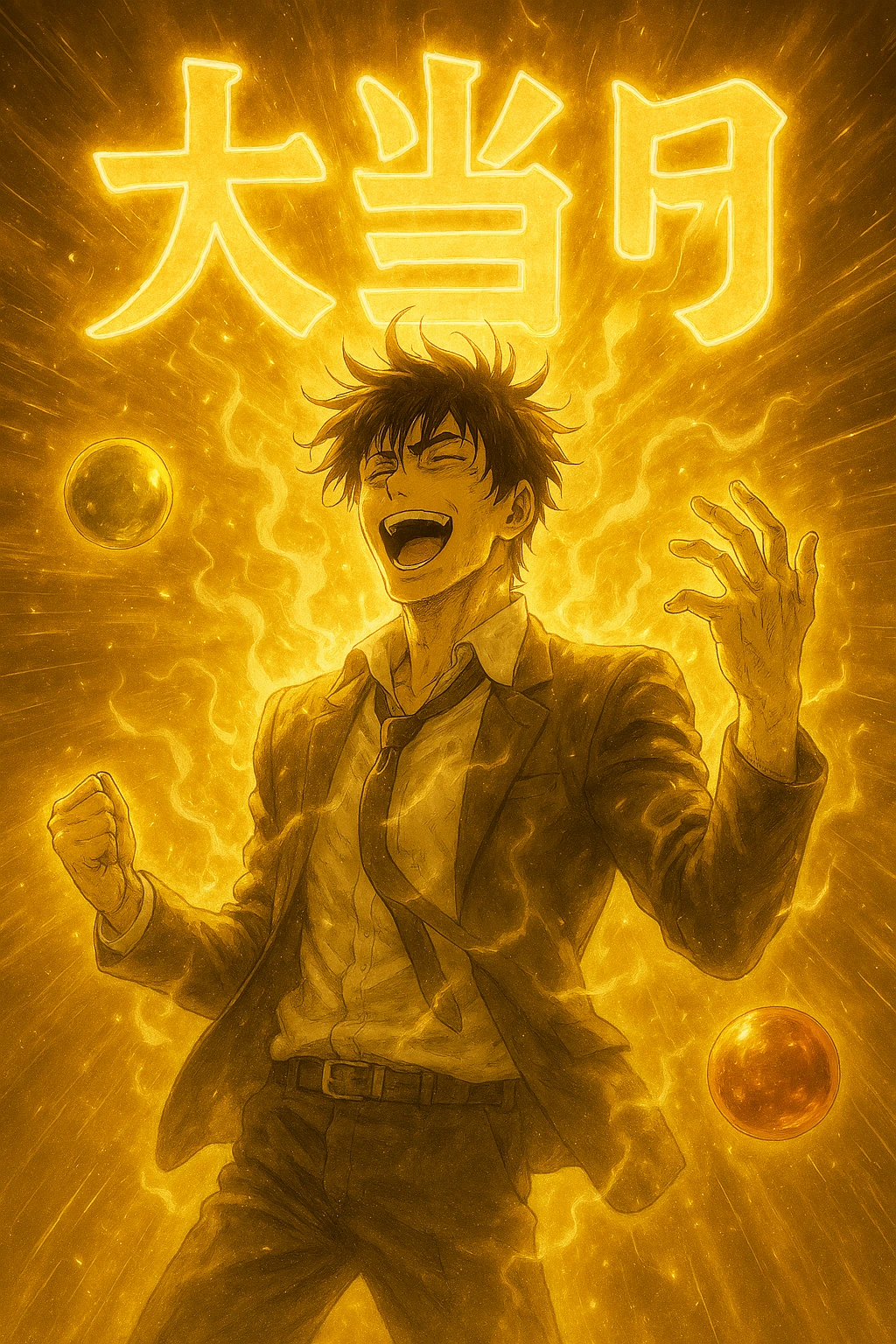 Kinji Hakari in Jackpot mode with infinite cursed energy and gold aura.