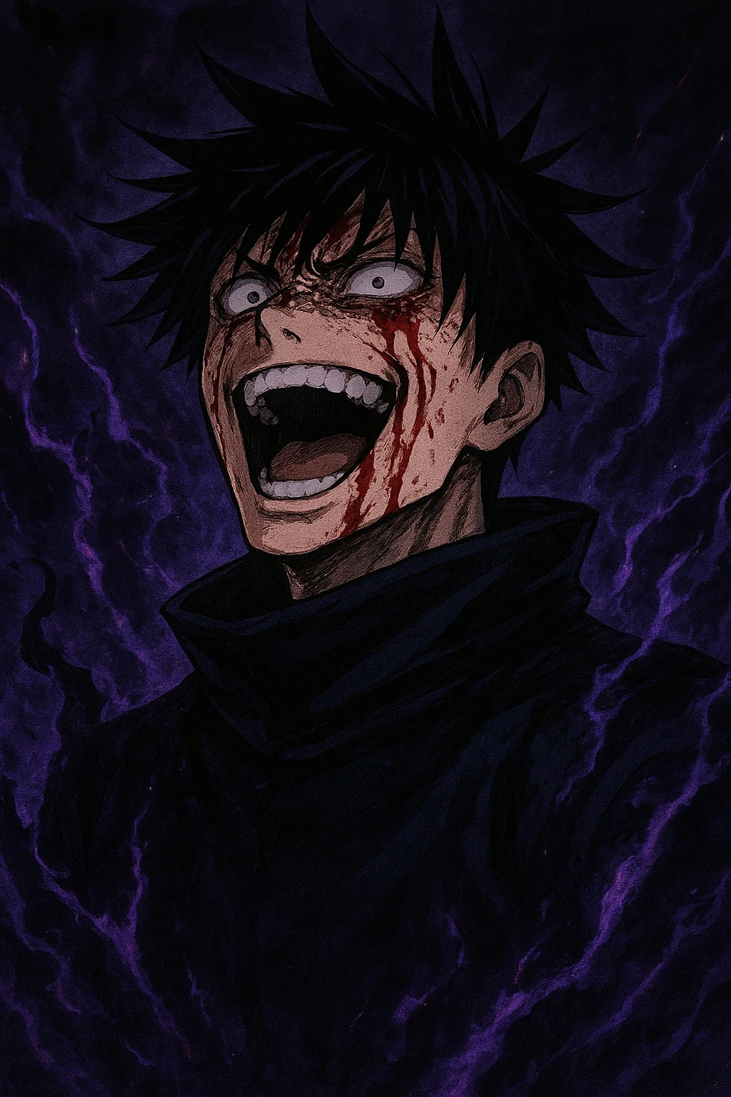 Megumi Fushiguro laughing maniacally with blood on his face during domain expansion.