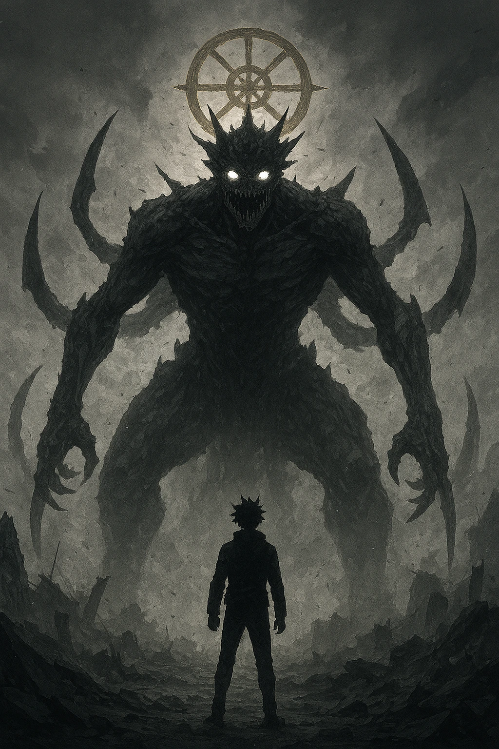 The silhouette of Mahoraga looming over Megumi Fushiguro.