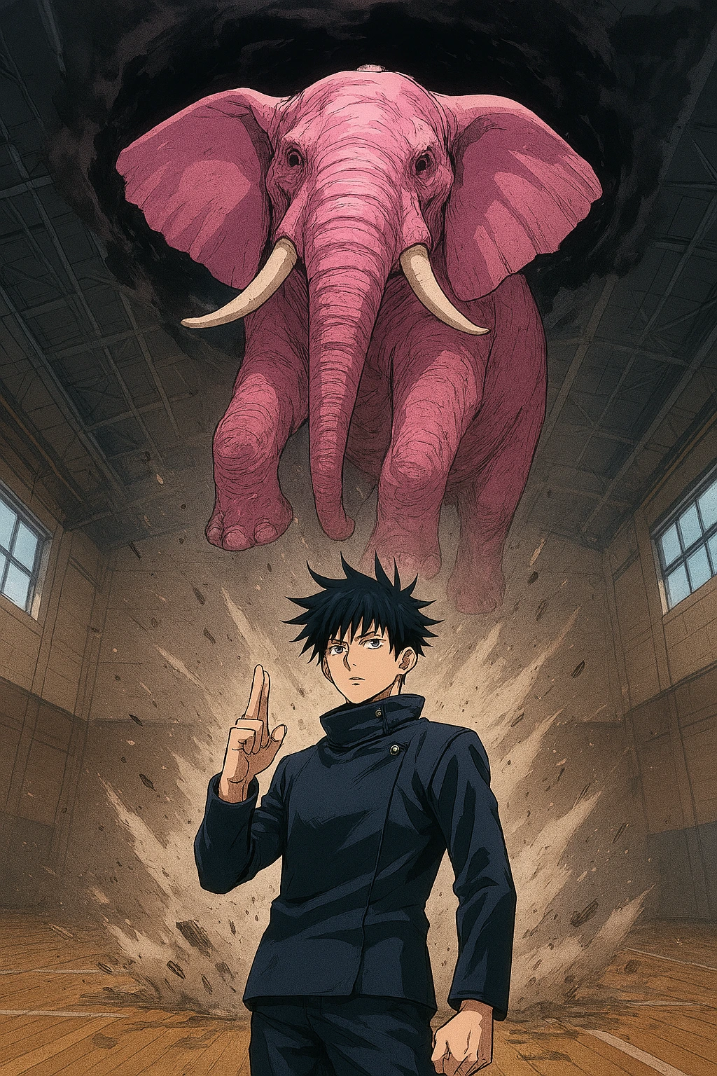 Megumi Fushiguro summoning Max Elephant from the sky.