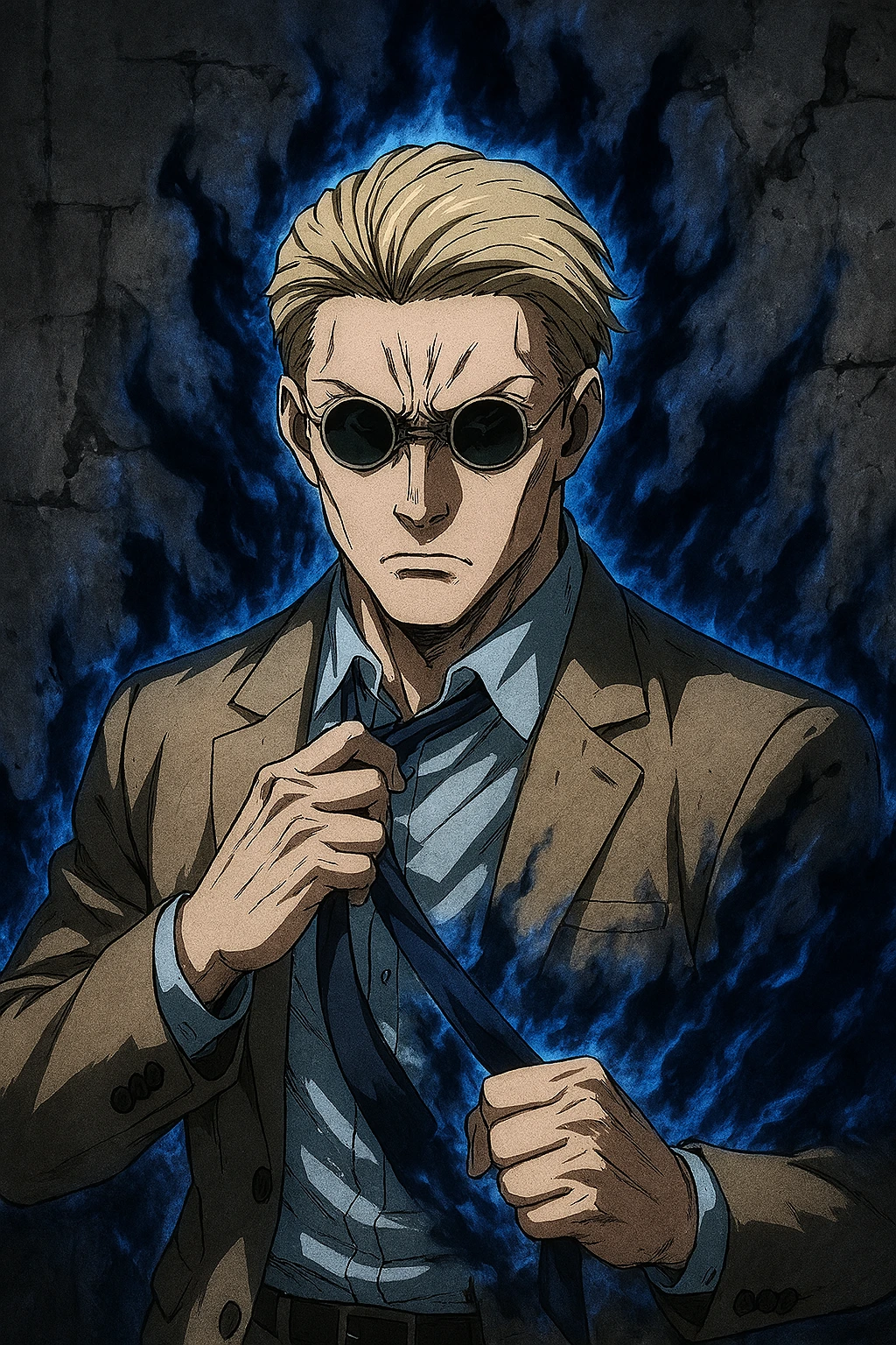 Kento Nanami entering Overtime mode, removing his tie as his cursed energy spikes.