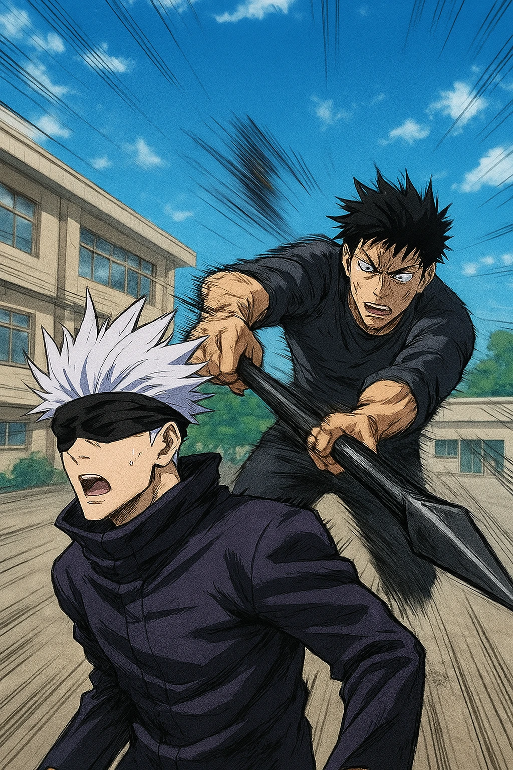 Toji Fushiguro ambushing Gojo Satoru at Jujutsu High.