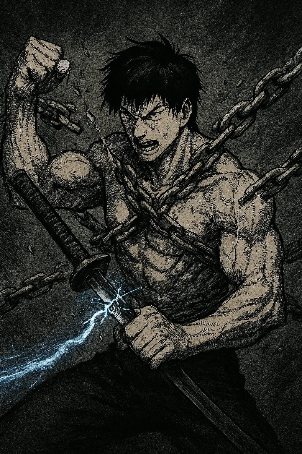 Toji Fushiguro breaking chains representing Heavenly Restriction and Binding Vows JJK.