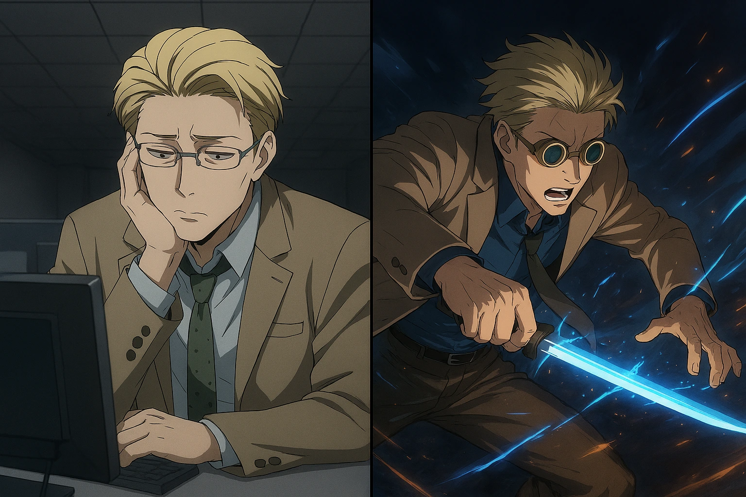 Kento Nanami split screen showing his corporate life vs his life as a Jujutsu Sorcerer.