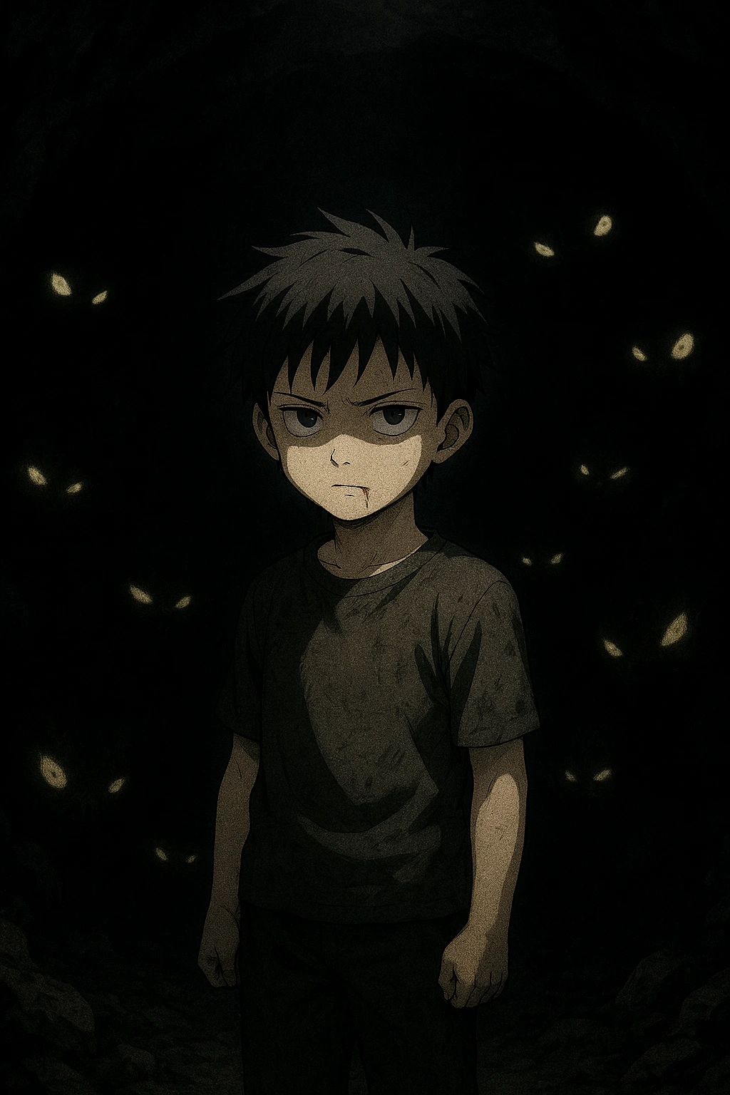 Young Toji Fushiguro surviving in a pit of cursed spirits.