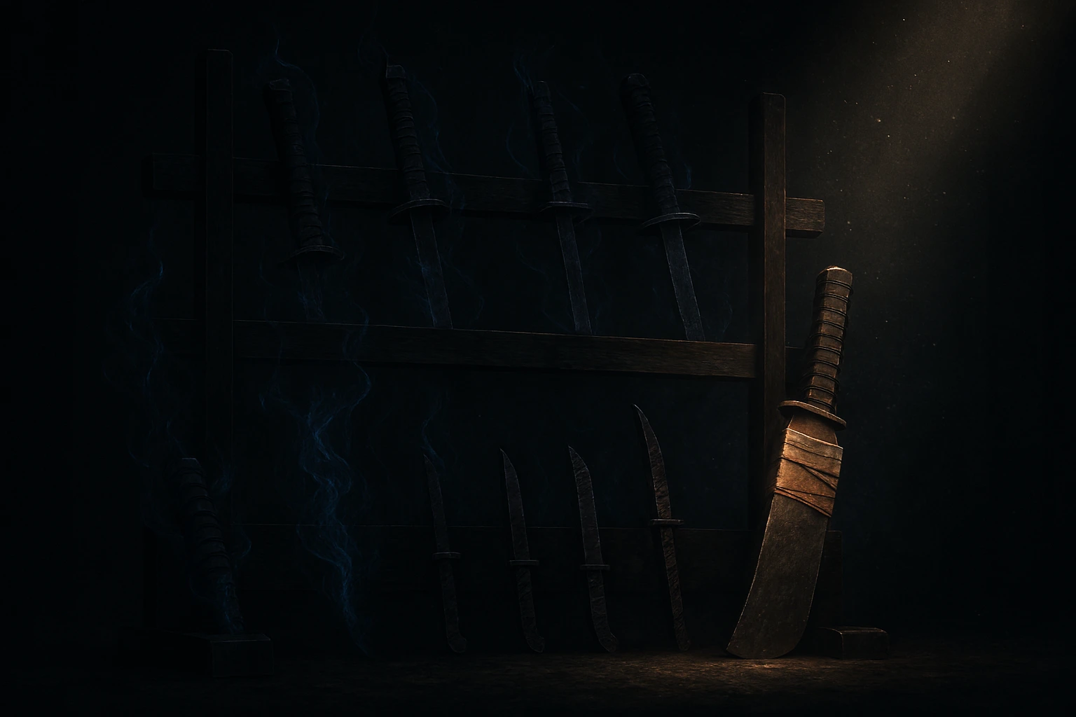 A rack of various Cursed Tools glowing with cursed energy aura.