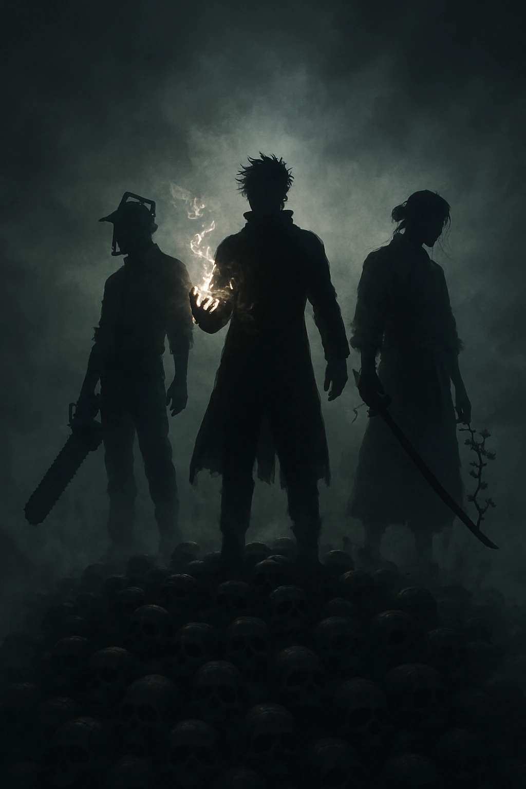 The Dark Trio concept art representing Jujutsu Kaisen, Chainsaw Man, and Hell's Paradise.