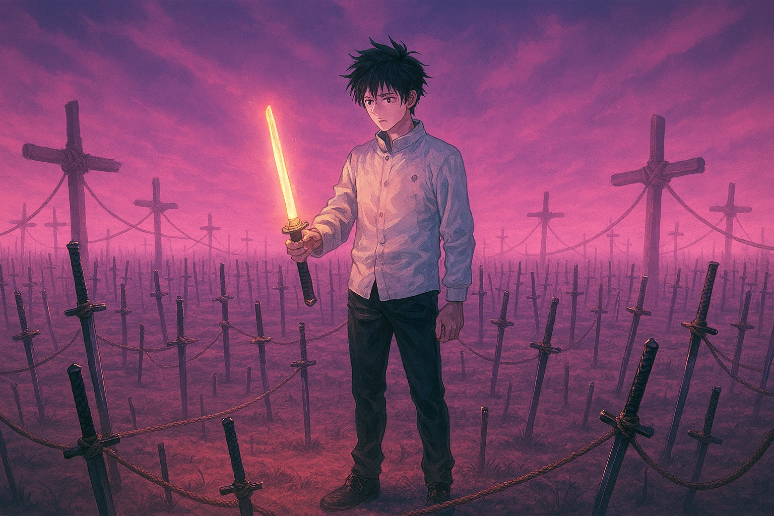 Inside the Domain Expansion of Yuta Okkotsu, surrounded by katanas.