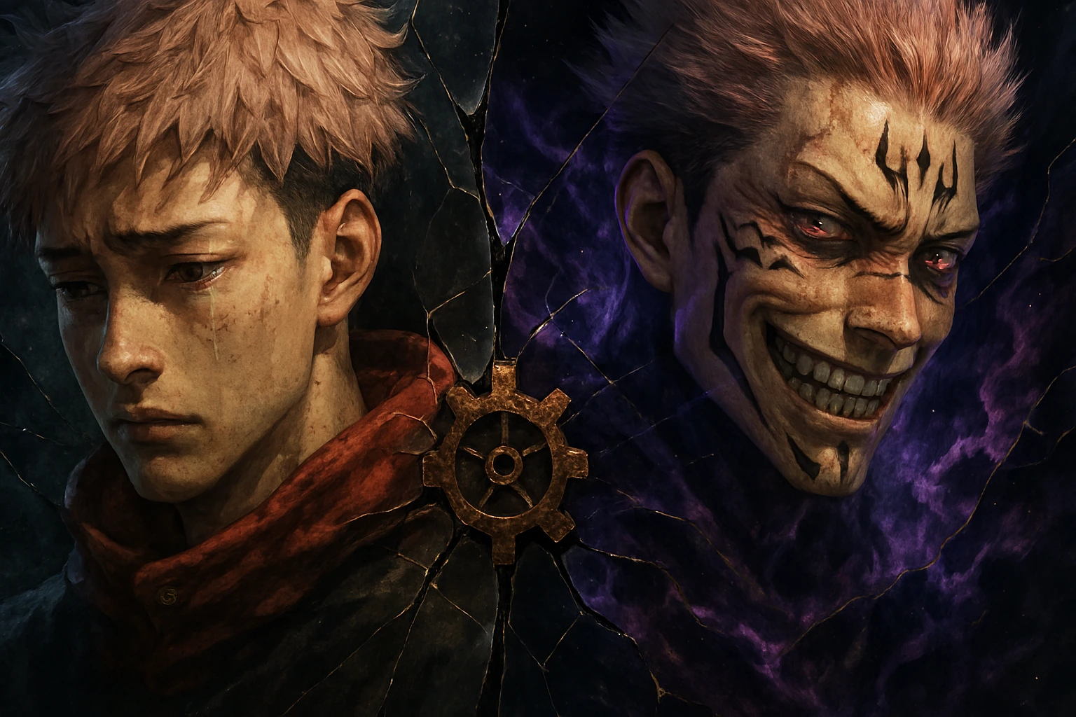 Jujutsu Kaisen featured art showing Yuji Itadori and Ryomen Sukuna in a shattered glass aesthetic.