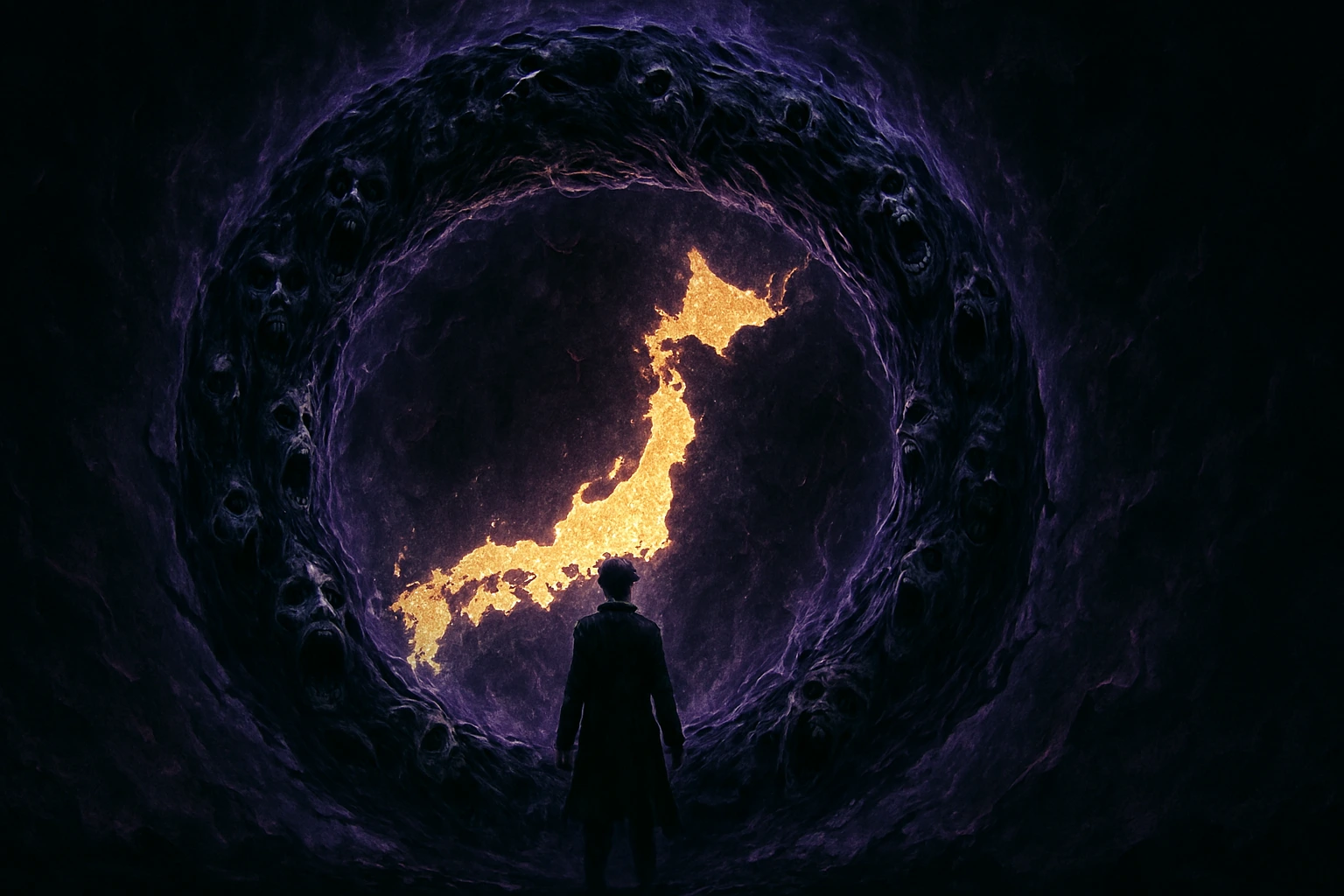 Abstract art depicting the infinite Cycle of Curses in Jujutsu Kaisen with an Ouroboros theme.