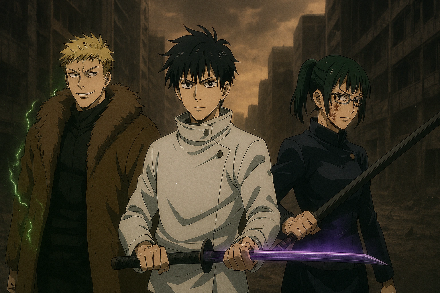 The New Big Three of Jujutsu Kaisen Yuta Hakari and Maki standing together ready for battle.