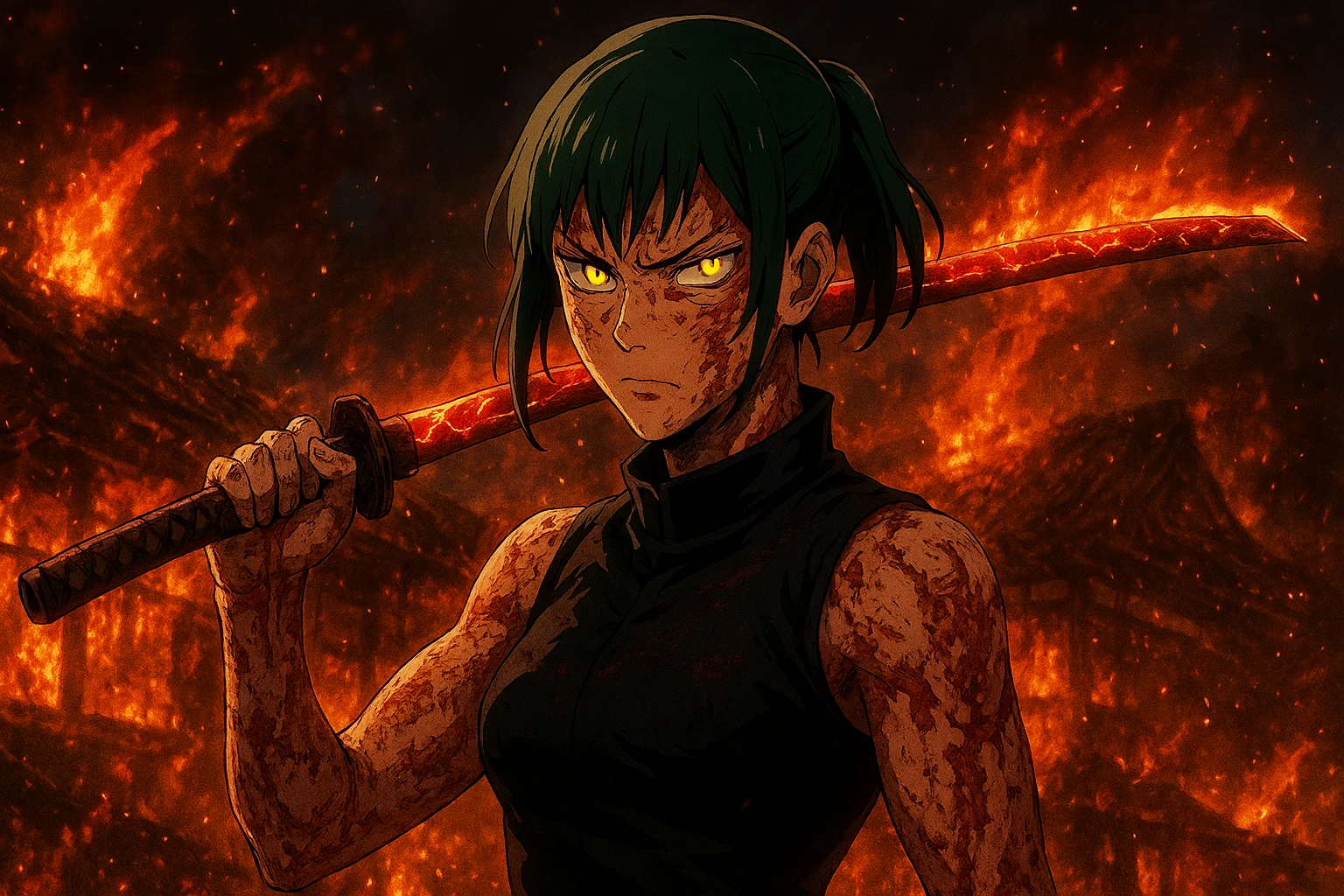 Maki Zenin holding Soul Split Katana with burn scars, awakened Heavenly Restriction.