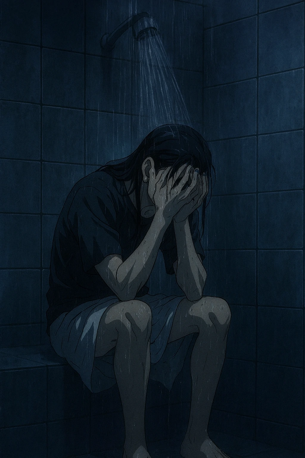 Suguru Geto sitting alone in the shower, feeling isolated after Gojo's awakening.