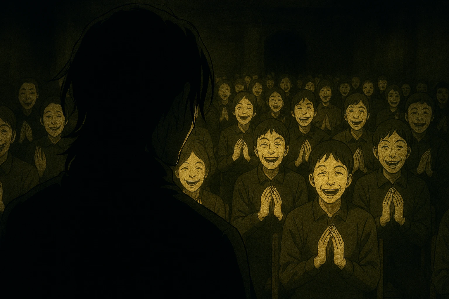 Suguru Geto looking horrified at the Time Vessel Association cult members clapping.