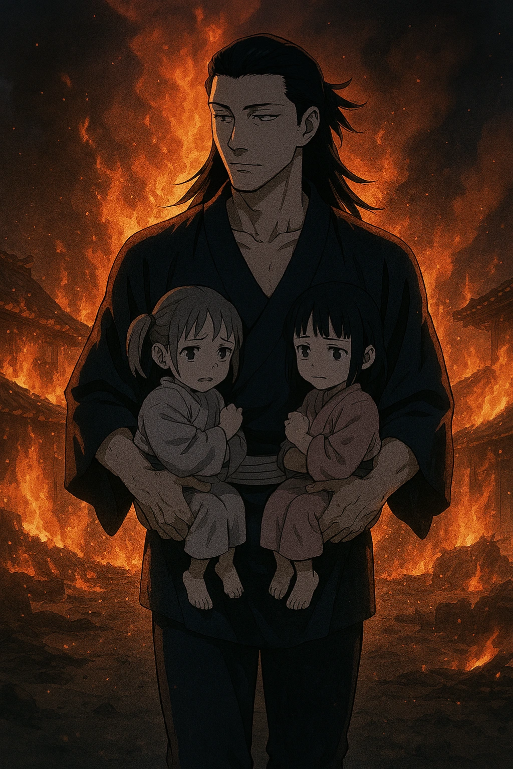 Suguru Geto walking away from the burning village after saving Mimiko and Nanako.
