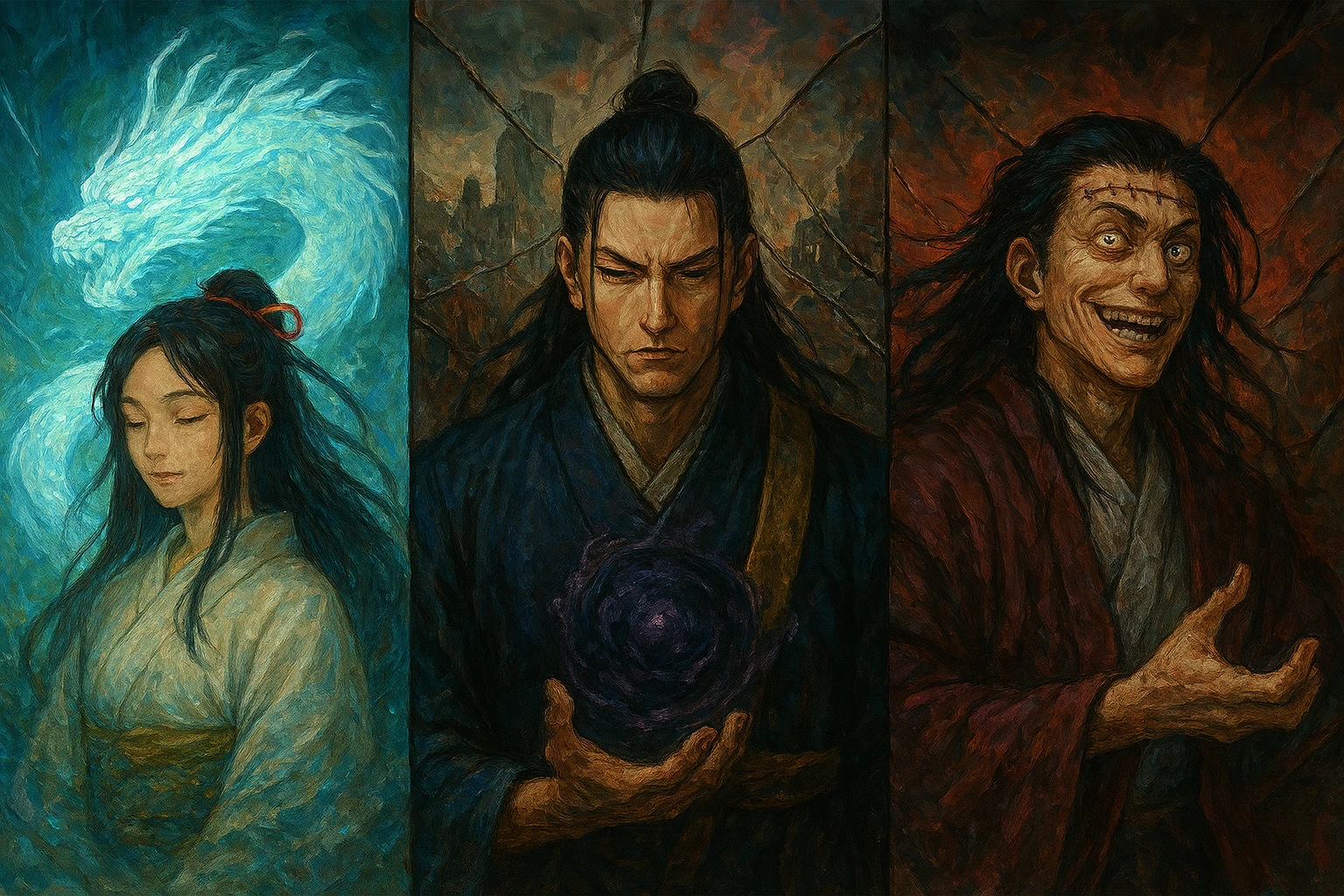 Artistic representation of Geto, Yuki, and Kenjaku's different approaches to the Cycle of Curses.