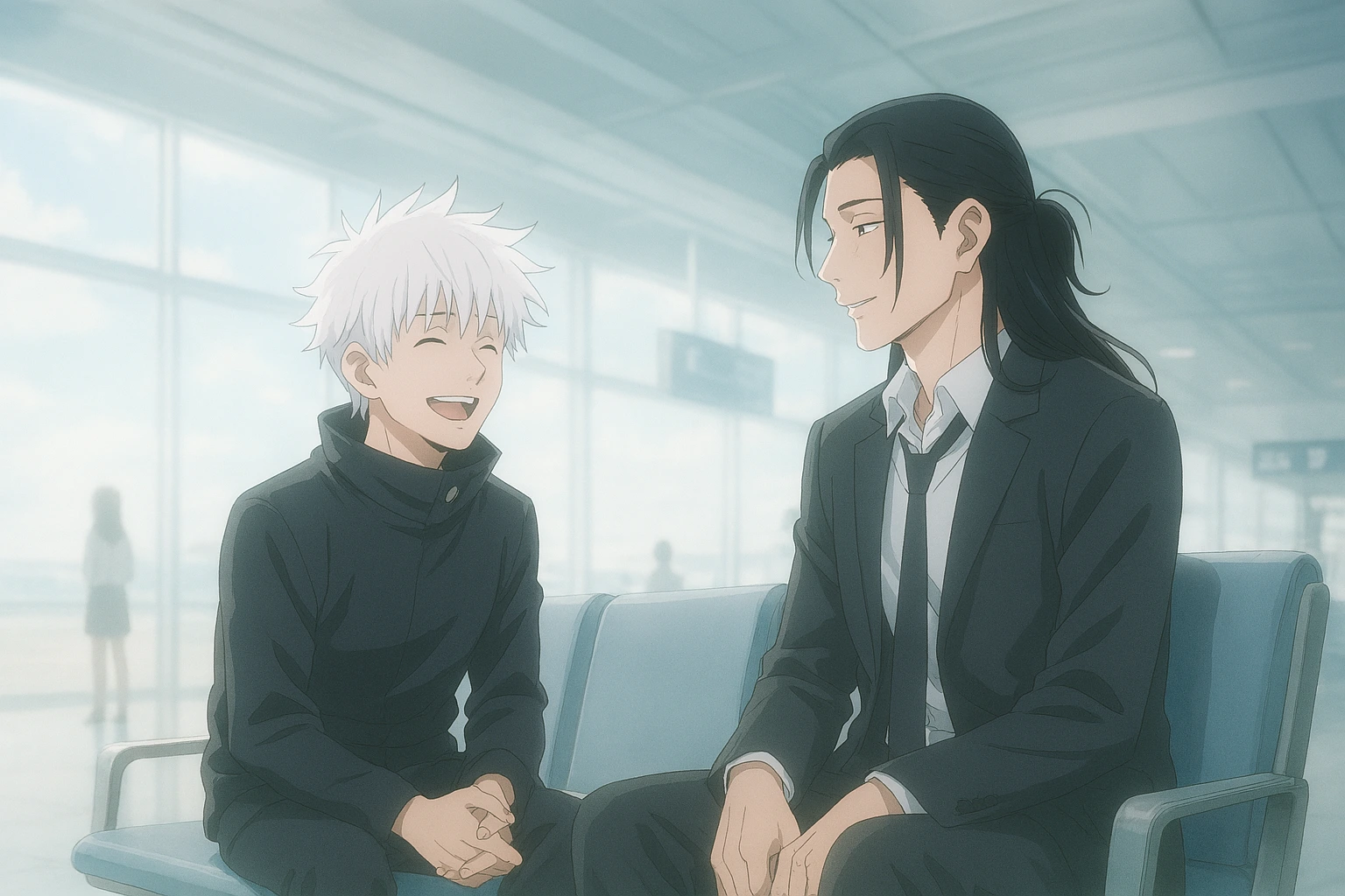 Gojo Satoru smiling at the airport terminal after the Gojo vs. Sukuna battle.