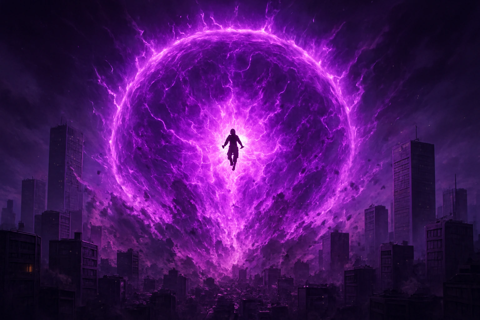 Massive Hollow Purple explosion engulfing Shinjuku in the Gojo vs. Sukuna fight.