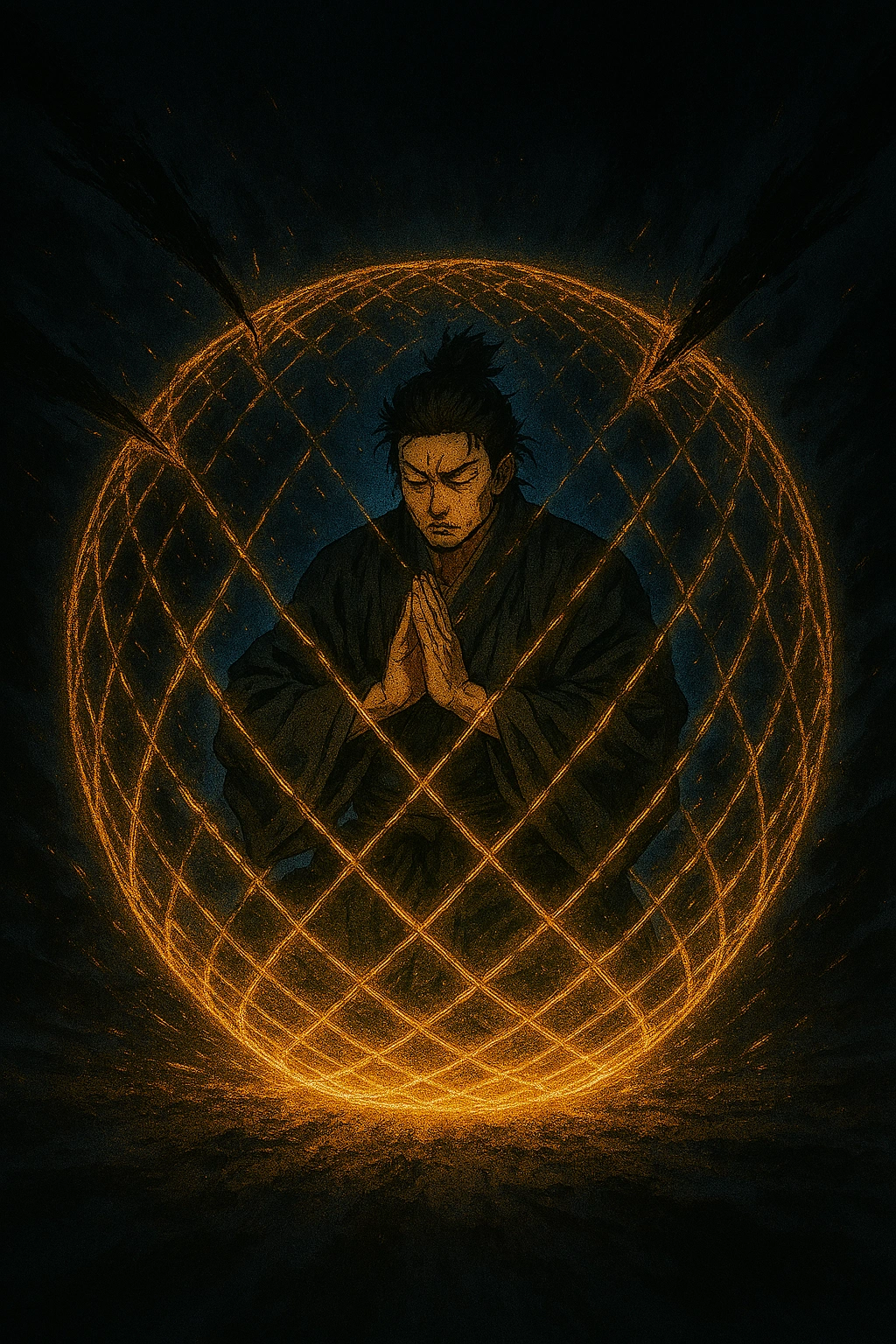 The ancient Anti-Domain Technique Hollow Wicker Basket forming a golden lattice shield.
