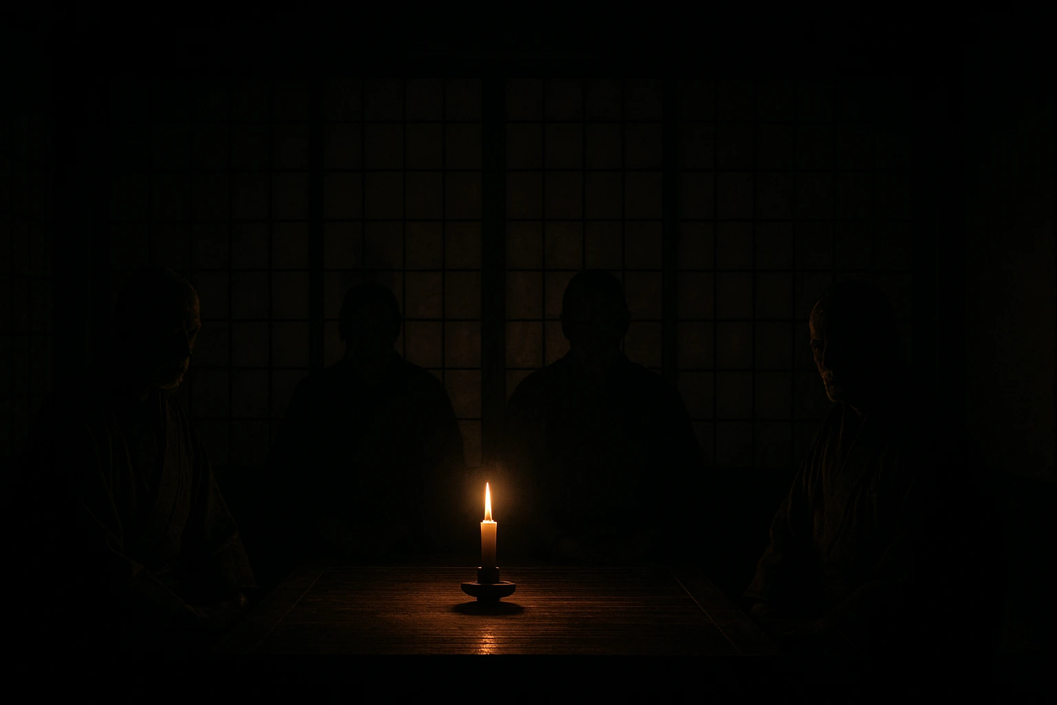 The corrupt Jujutsu Higher-Ups discussing the Cycle of Curses in a dark room.