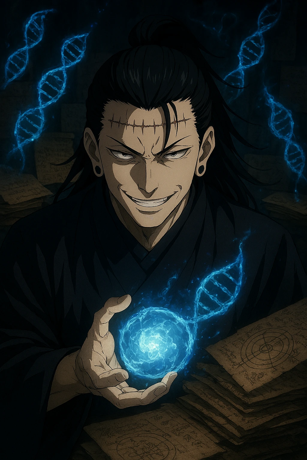 Kenjaku planning The Great Merger using ancient scrolls and DNA.