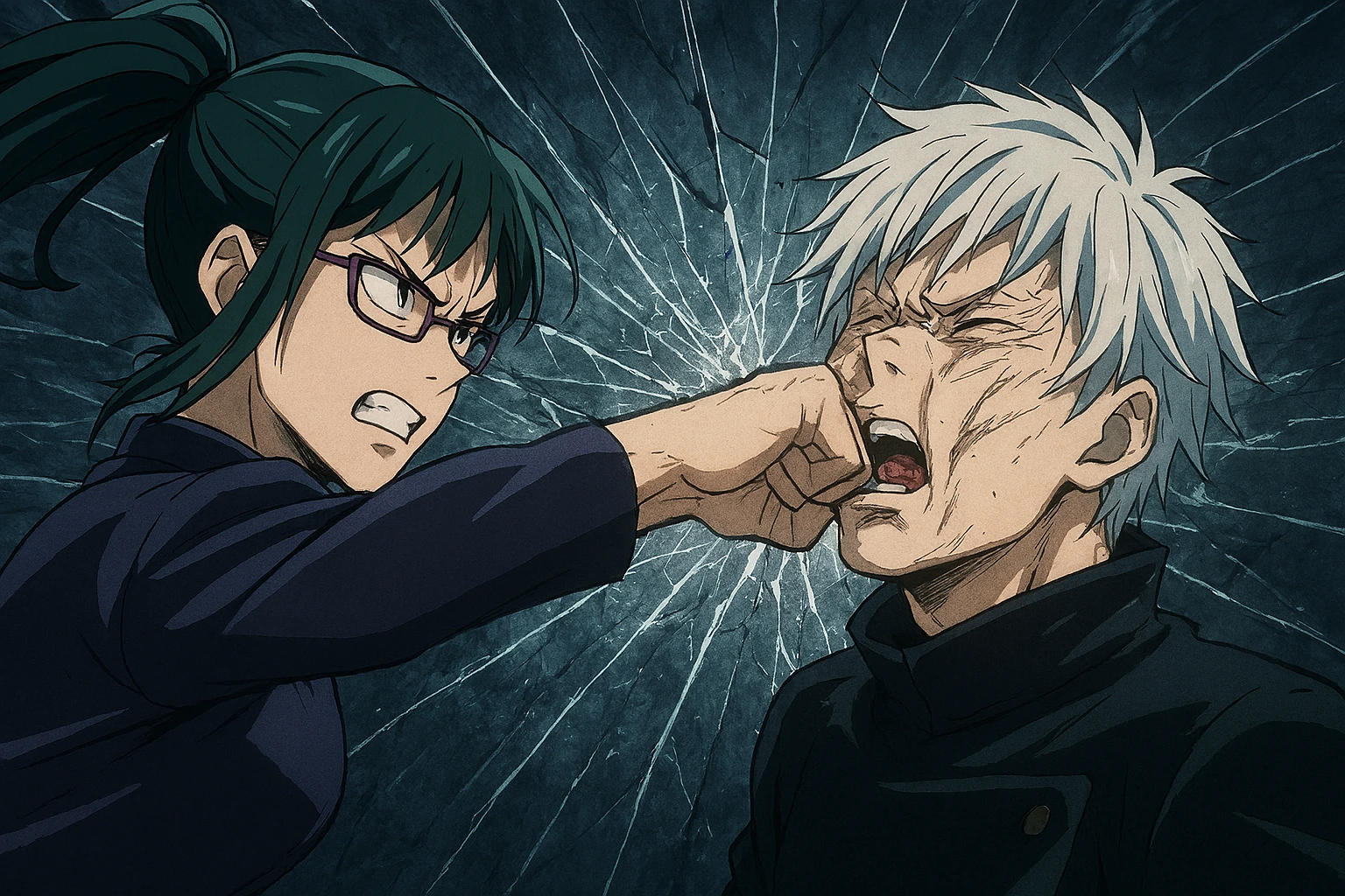 Maki Zenin punching Naoya Zenin in the face, shattering his Projection Sorcery.