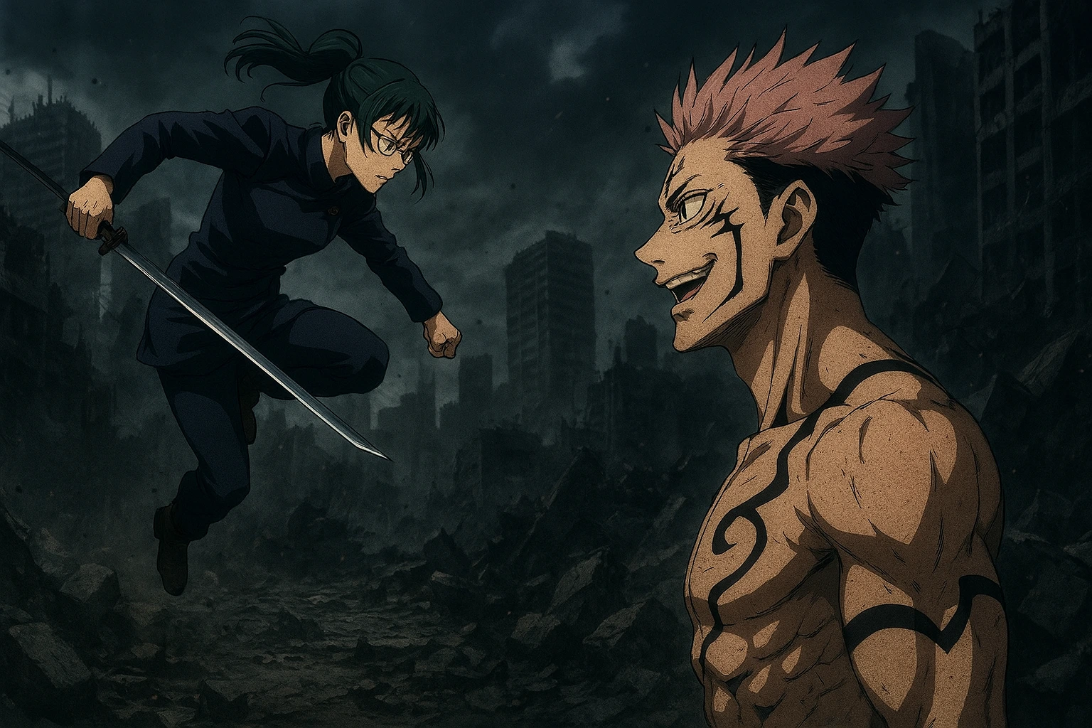 Maki Zenin ambushing Ryomen Sukuna in the ruins of Shinjuku.