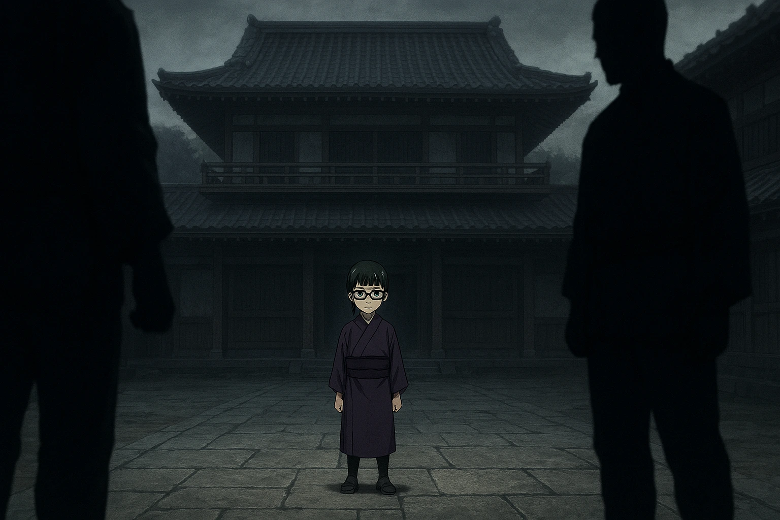 Young Maki Zenin standing alone in the Zenin Clan estate facing discrimination.

