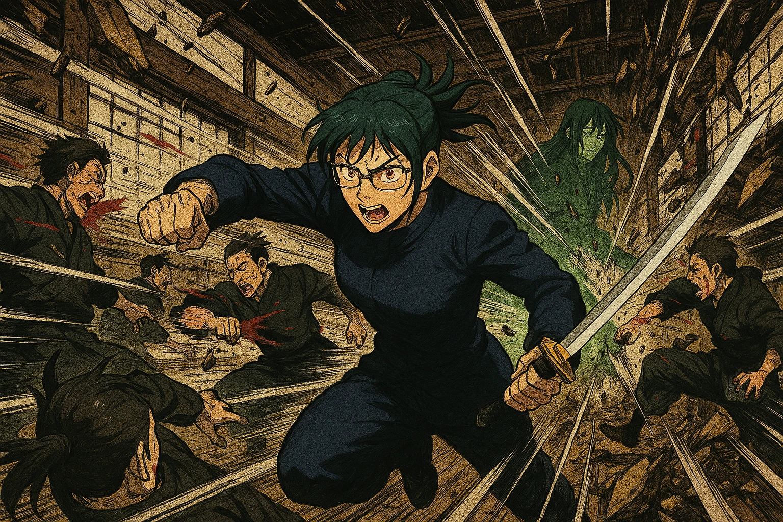 Maki Zenin defeating the Hei squad of the Zenin Clan with immense speed.