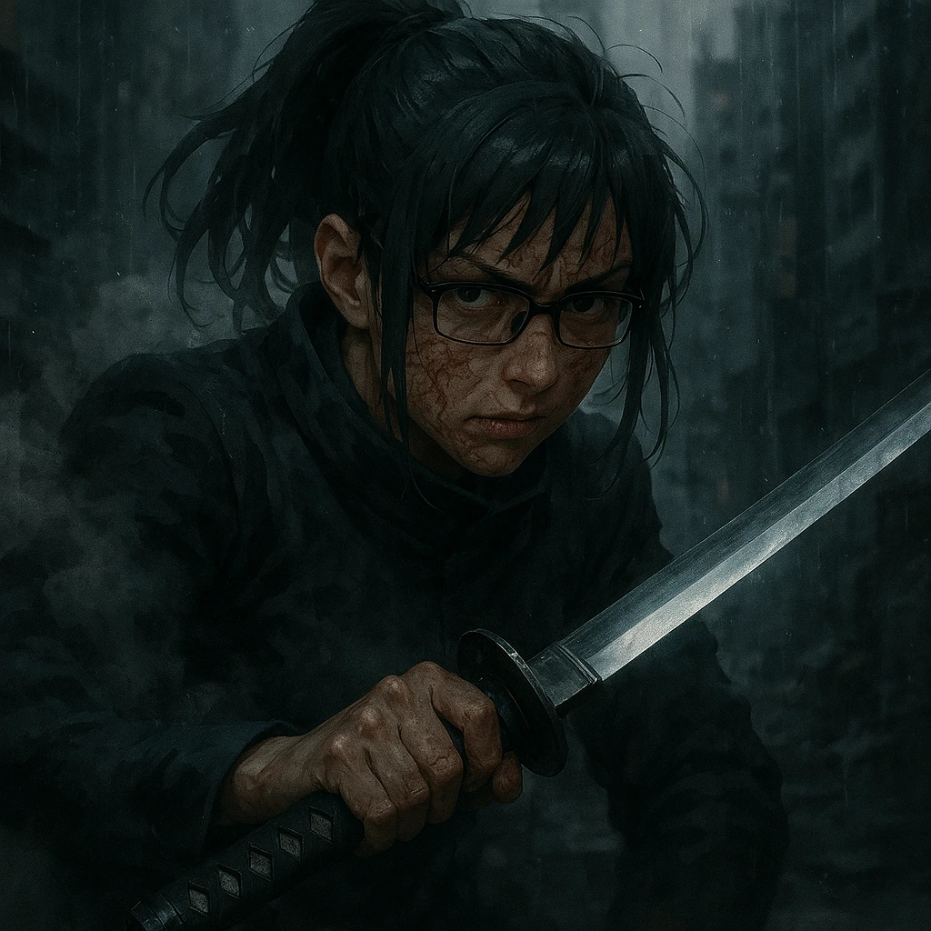 Maki Zenin holding the Split Soul Katana ambushing Sukuna in Shinjuku Showdown.