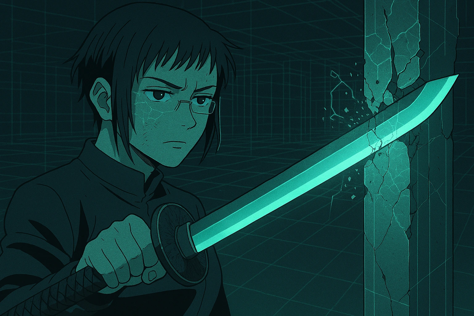 Maki Zenin holding the Split Soul Katana with soul outlines visible.