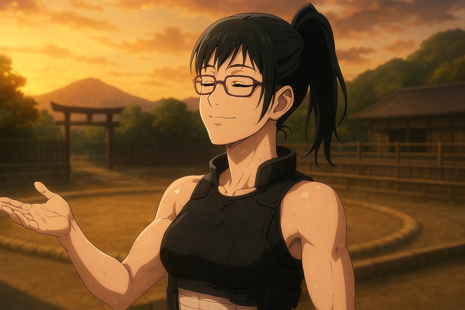 Maki Zenin smiling and sensing the air in the Sumo Domain, achieving freedom.