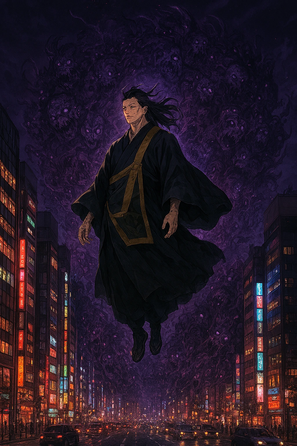 Suguru Geto leading the Night Parade of a Hundred Demons in Shinjuku.