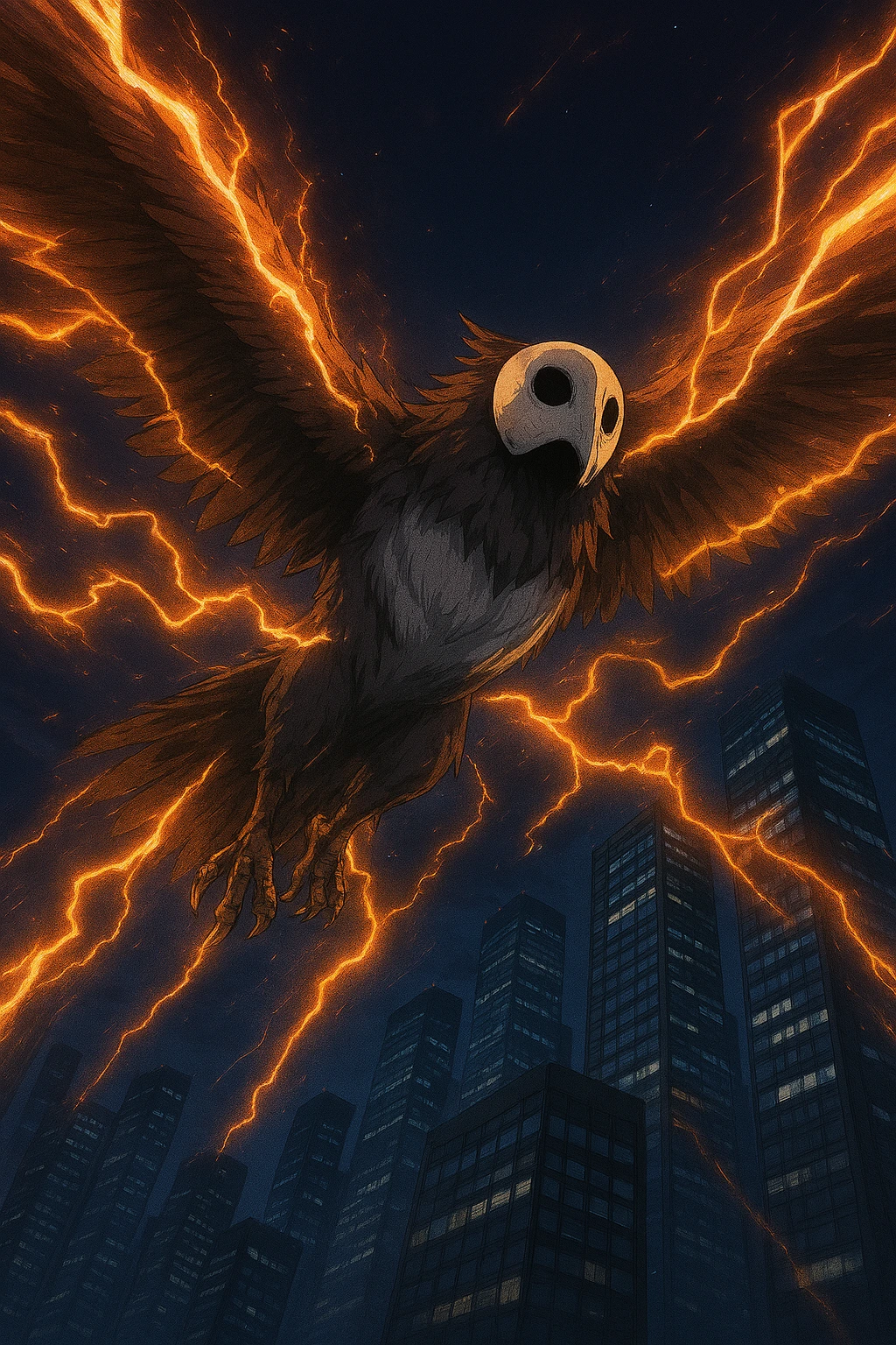 Nue Shikigami from Ten Shadows Technique flying over the city using electricity.
