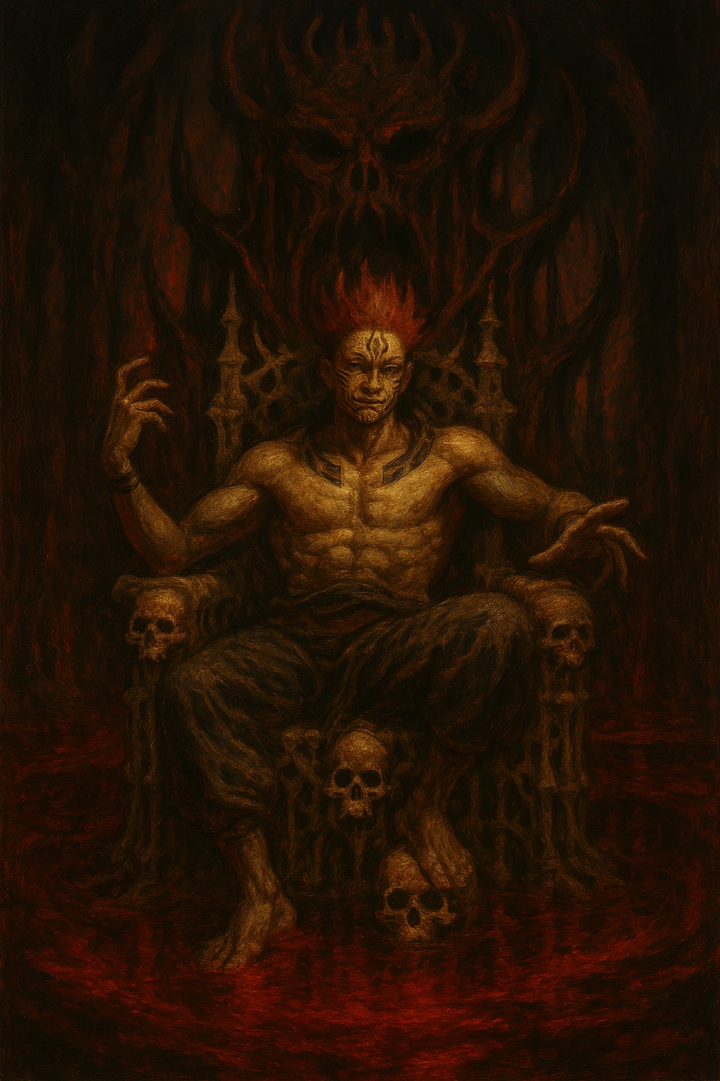Ryomen Sukuna from Jujutsu Kaisen sitting on his throne in the Malevolent Shrine.