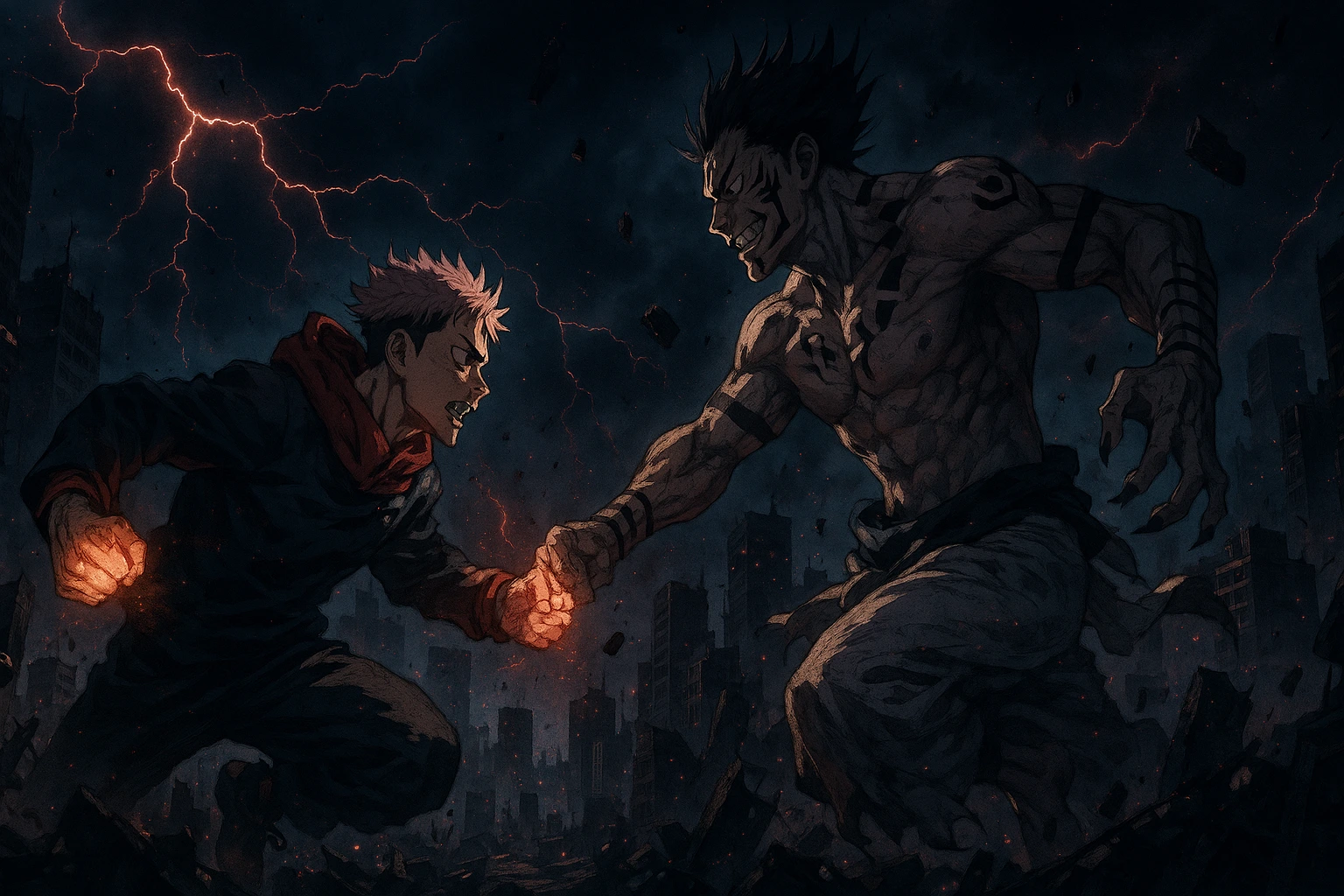 Shinjuku Showdown climax featuring Yuji Itadori fighting Ryomen Sukuna in ruined city.