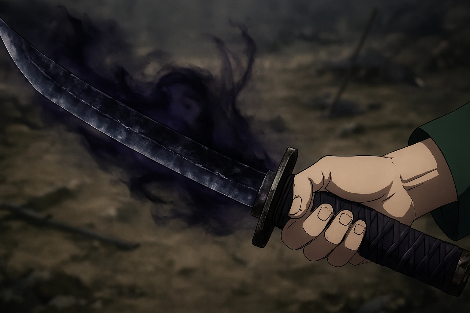 Close up of the Soul Split Katana glowing with cursed energy, Maki Zenin's weapon.