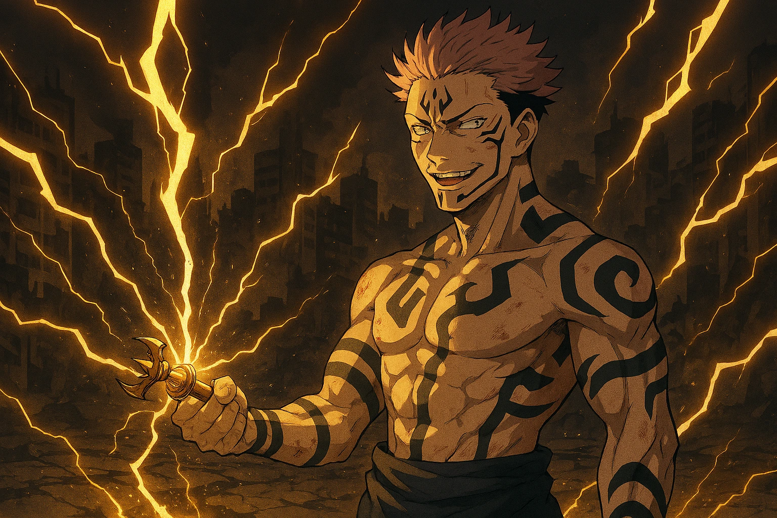Ryomen Sukuna holding the Vajra tool Kamutoke summoning lightning.