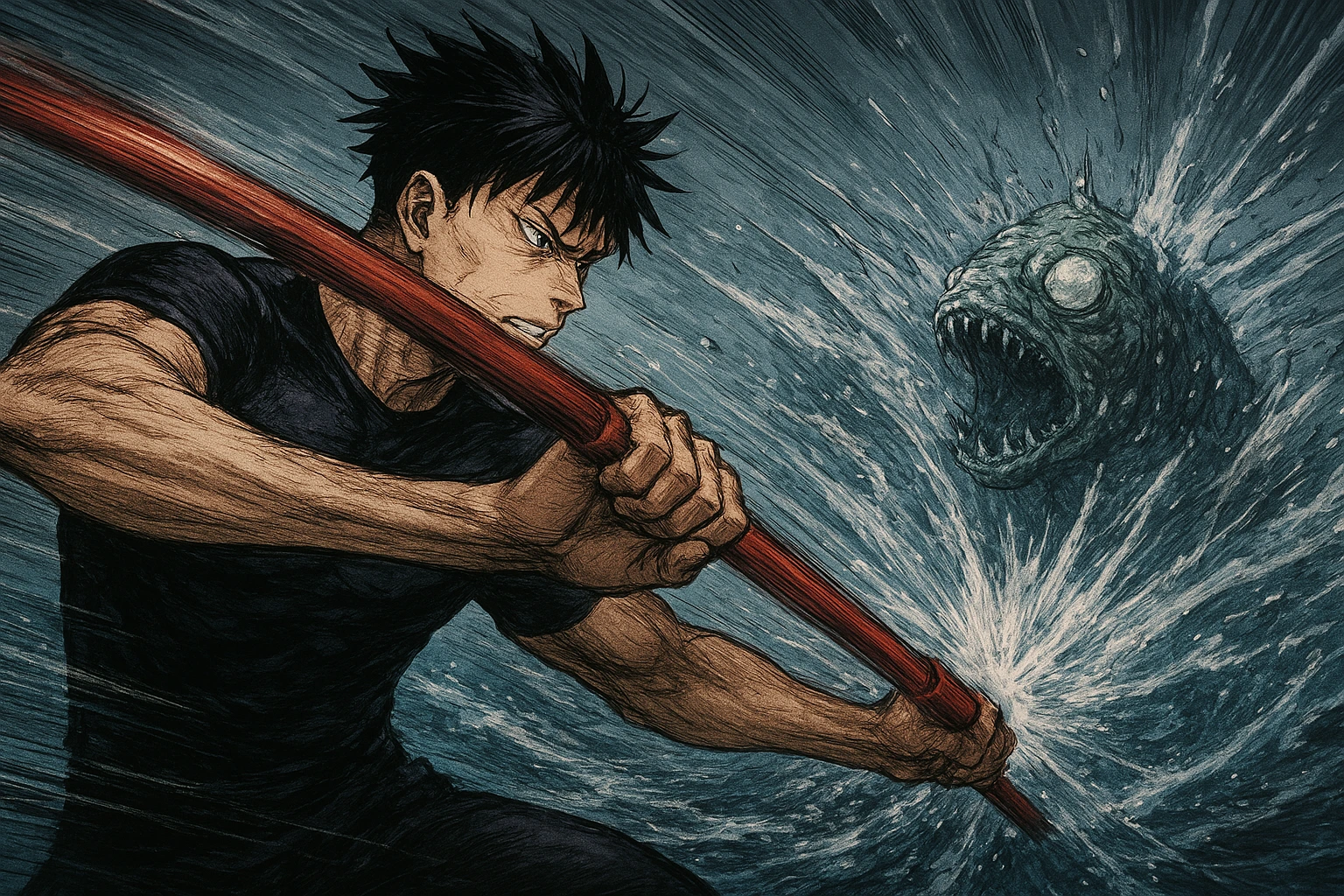 Toji Fushiguro wielding Special Grade Cursed Tool Playful Cloud against Dagon.