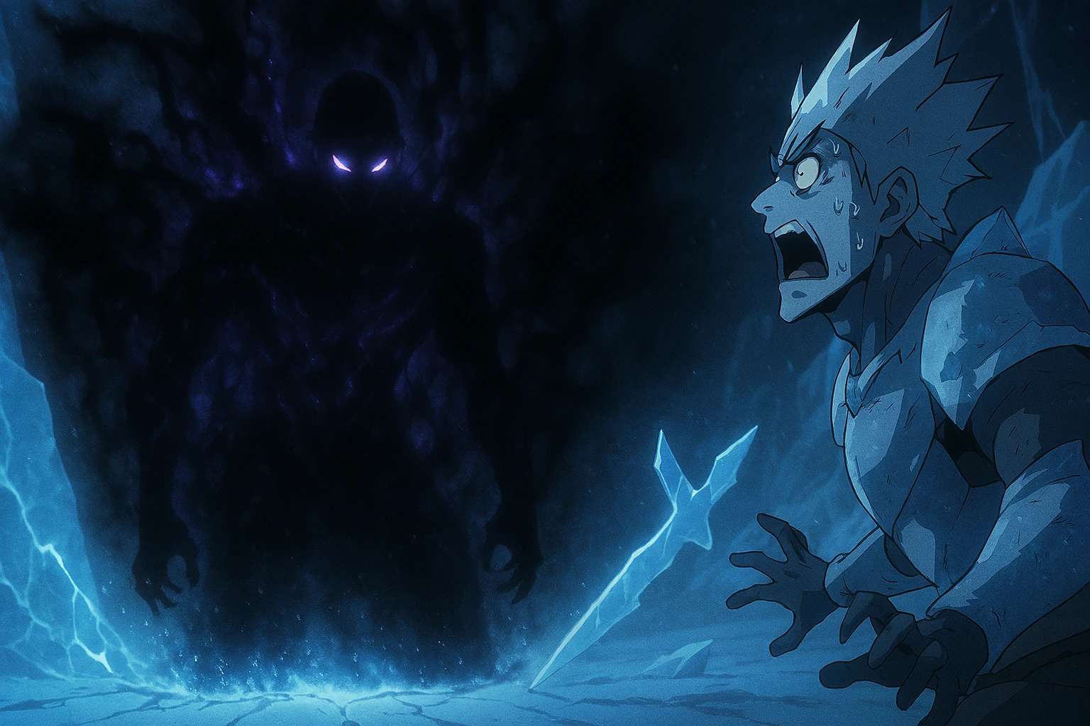 The Frost Monarch reacting in pure terror as the true Shadow Monarch fully awakens.