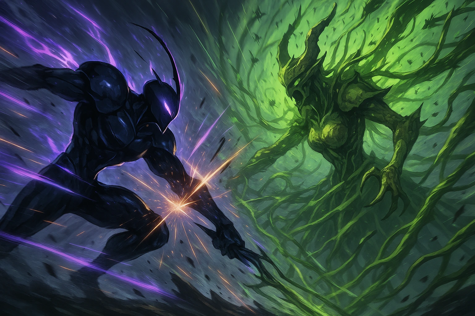 Beru the Ant King fighting the Plague Monarch in an epic clash.