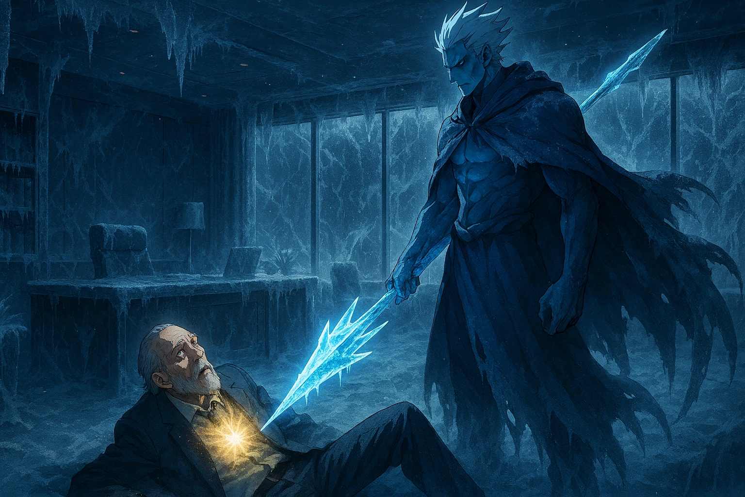 The Frost Monarch executing Chairman Go Gun-hee in a completely frozen office.