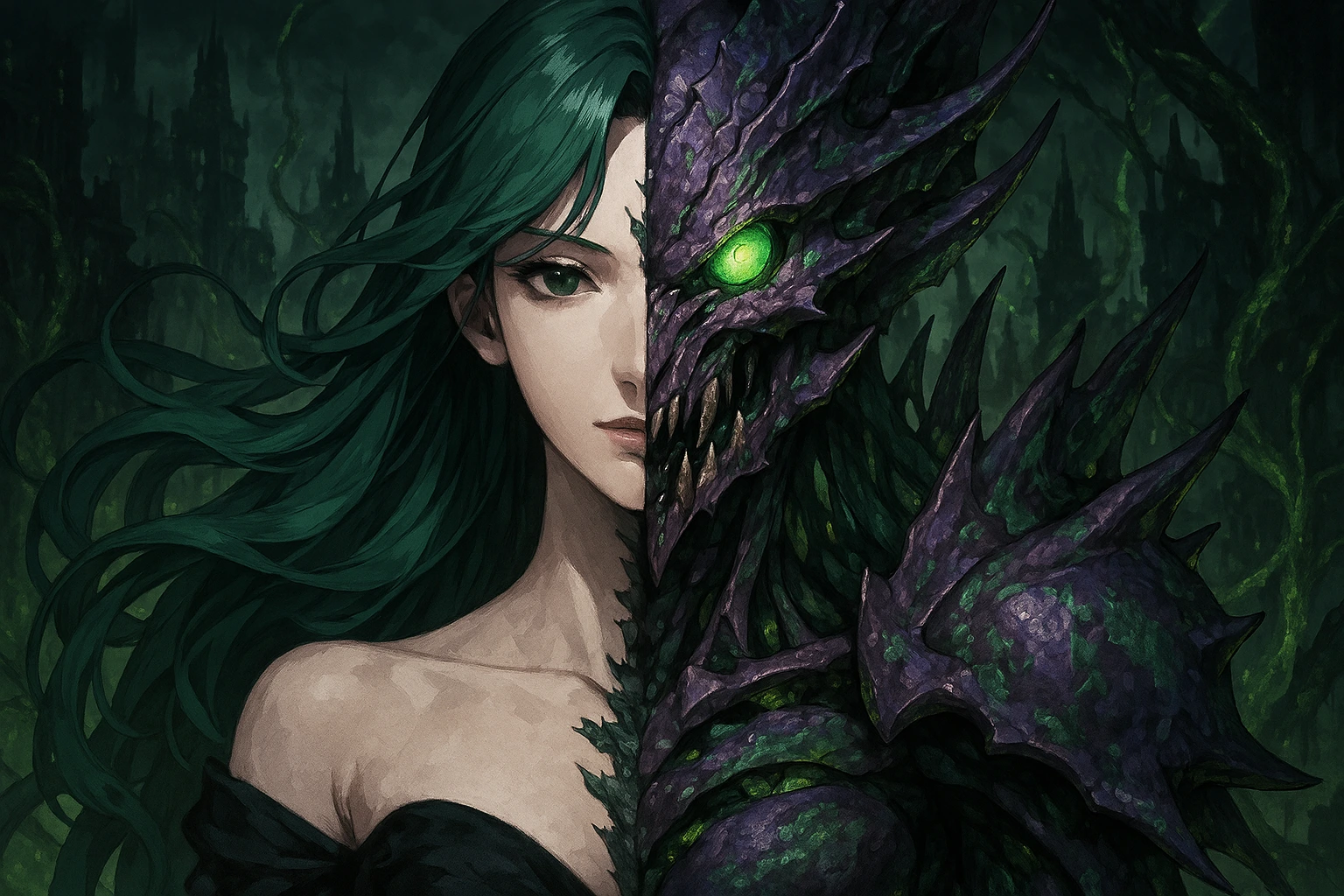 The terrifying Plague Monarch from Solo Leveling showing her dual nature.