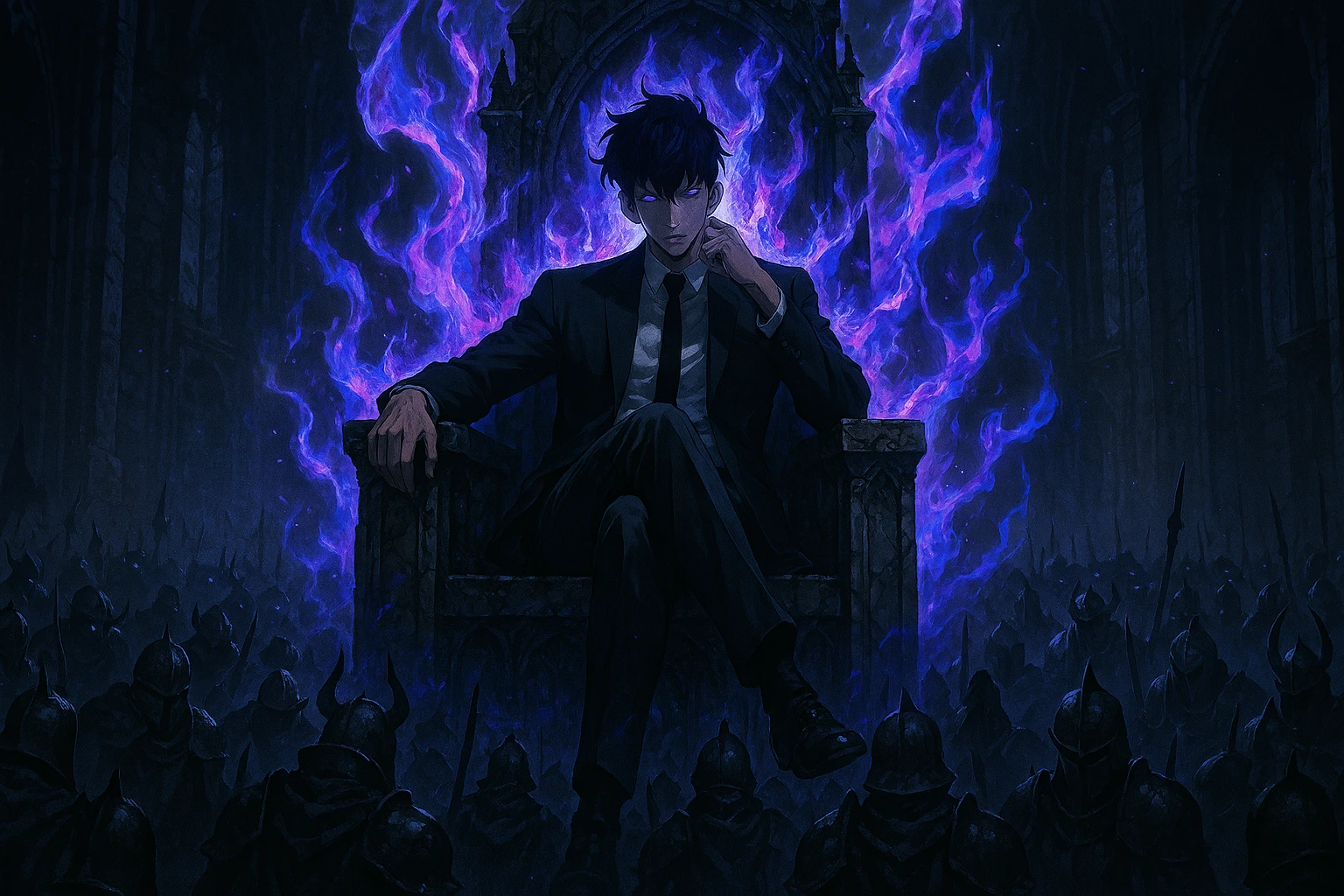 Solo Leveling Sung Jin-woo sitting on the Shadow Monarch throne with purple aura.